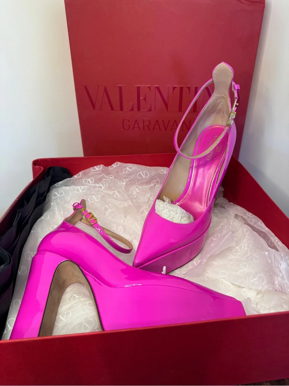 Valentino Garavani Pink PP Patent Leather Ankle Strap Pumps